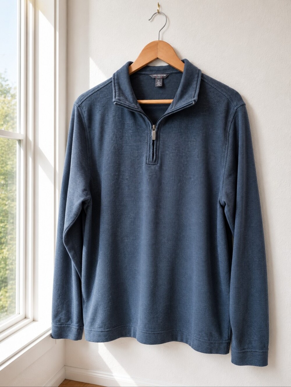 Van Heusen Flex Quarter Zip Pullover Men's Medium Blue Textured Cotton Blend